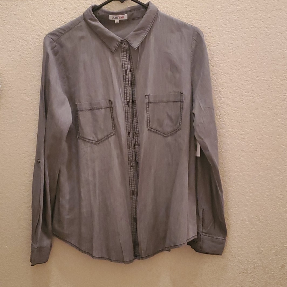 NWT JustFab Gray Fringe Blouse - L - Western Boho Cowgirl Button Down